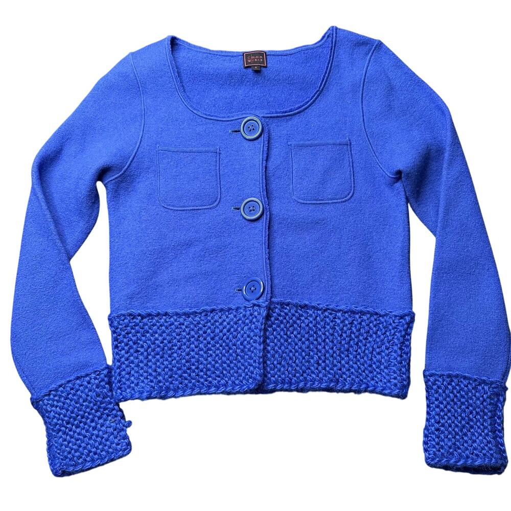 Cropped Vibrant Blue Knit Wool Blend button-front cardigan sweater Chucky Button